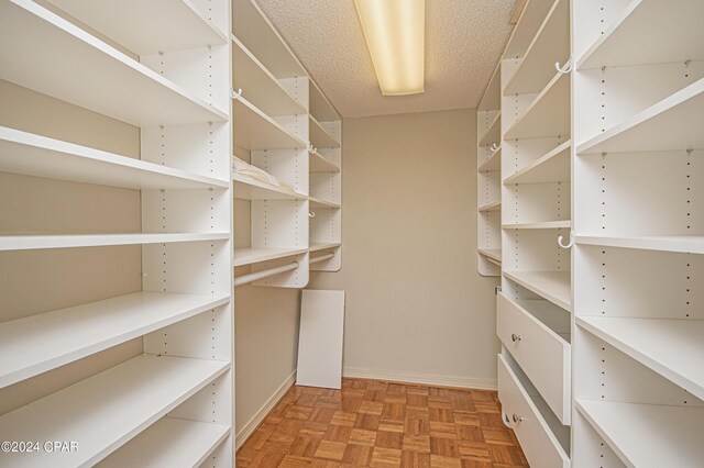 spacious closet featuring light parquet flooring