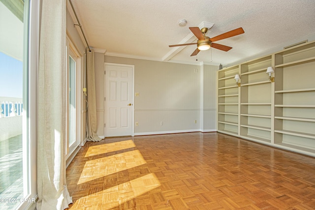 unfurnished room featuring ornamental molding, a textured ceiling, ceiling fan, and parquet flooring