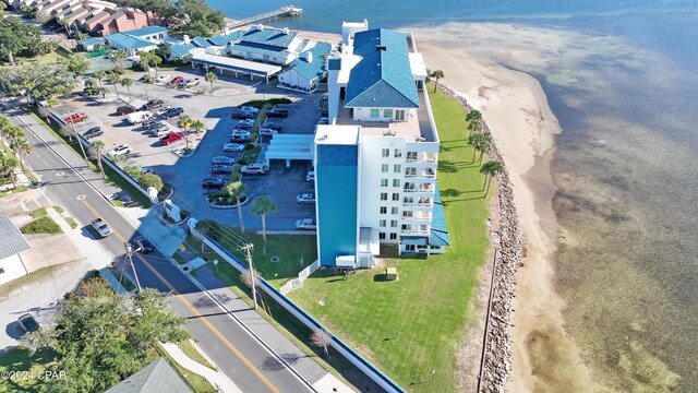 drone / aerial view with a water view