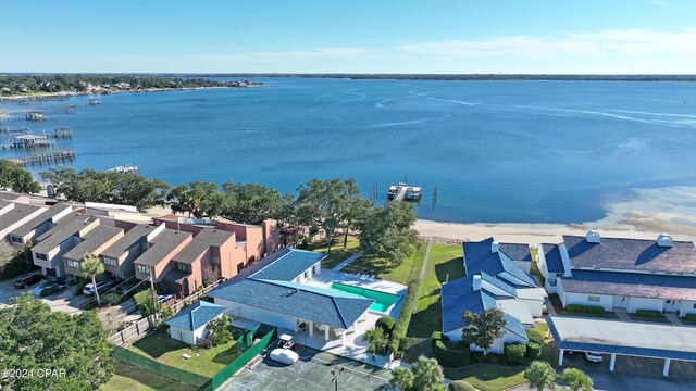 drone / aerial view featuring a water view