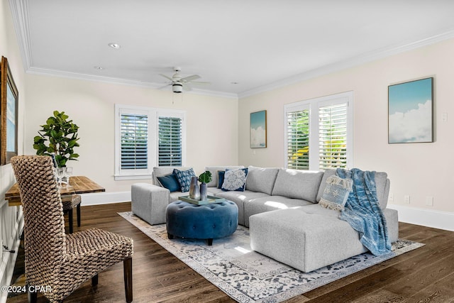 living room with ceiling fan, dark wood-type flooring, and crown molding