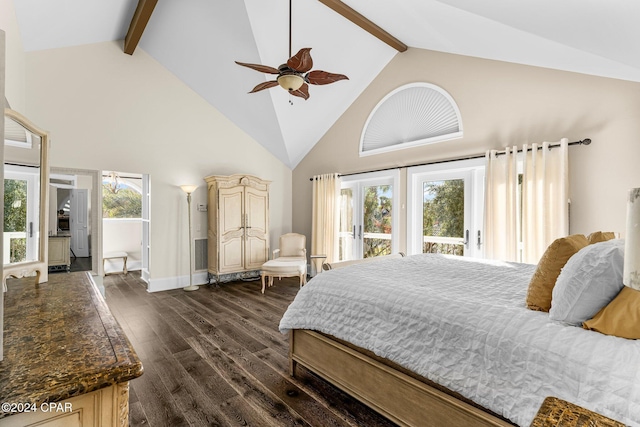 bedroom featuring ceiling fan, multiple windows, and high vaulted ceiling