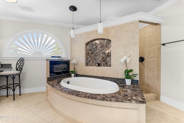 bathroom featuring a tub, tile patterned flooring, and crown molding