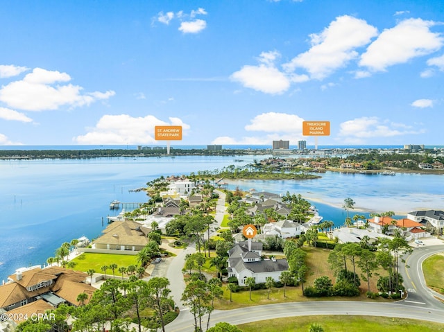 drone / aerial view featuring a water view