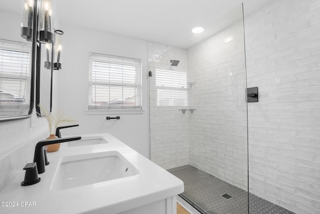 bathroom with walk in shower and a sink