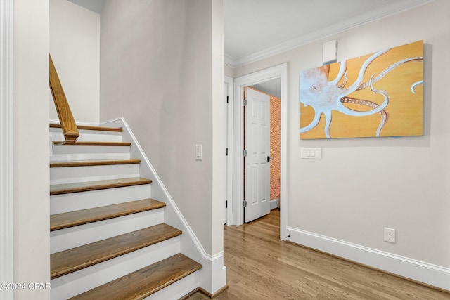 stairs with hardwood / wood-style flooring and ornamental molding