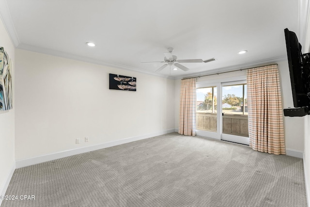 unfurnished living room featuring carpet, crown molding, recessed lighting, a ceiling fan, and baseboards