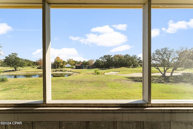 interior space featuring a water view