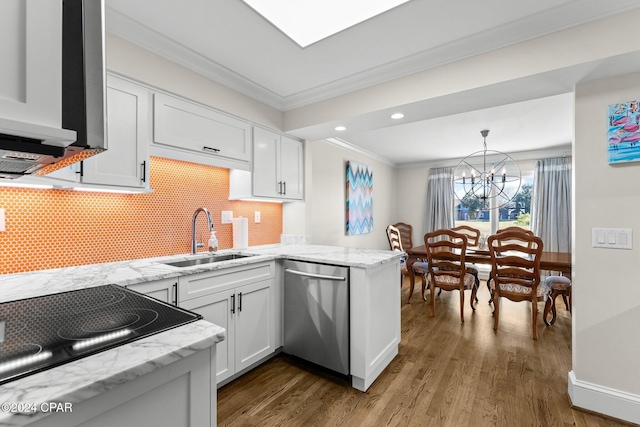 kitchen with dishwasher, white cabinets, dark hardwood / wood-style floors, and sink