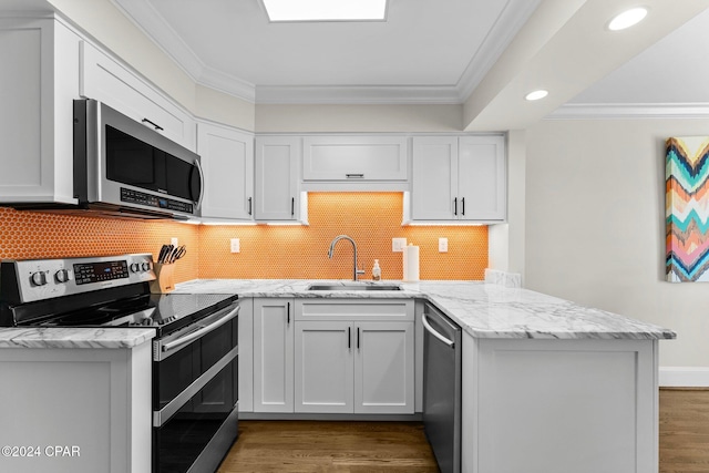 kitchen featuring dark wood finished floors, appliances with stainless steel finishes, a peninsula, crown molding, and a sink