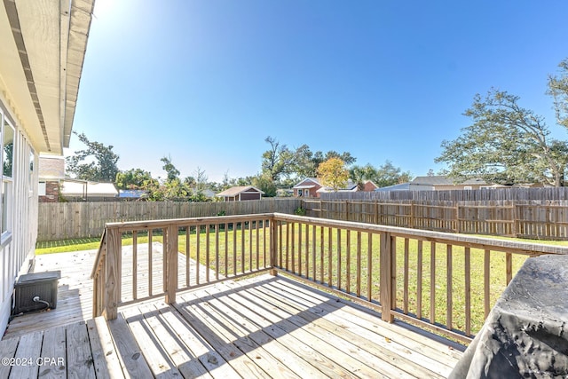 deck featuring a yard and a fenced backyard