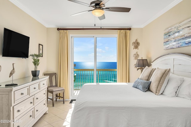 tiled bedroom featuring access to outside, ceiling fan, a water view, and ornamental molding