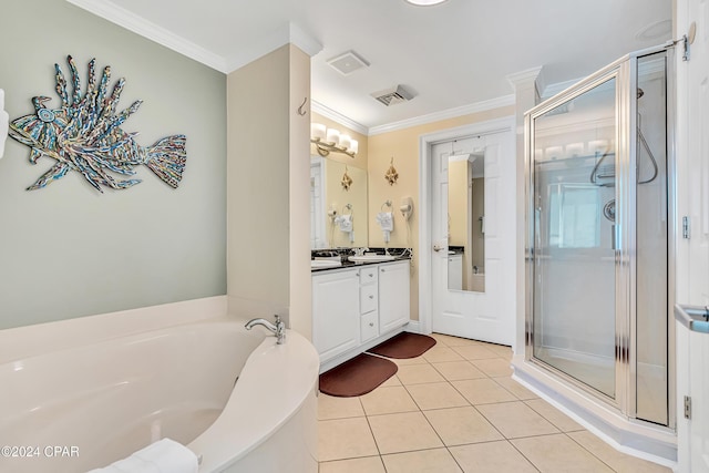 bathroom featuring tile patterned flooring, vanity, separate shower and tub, and ornamental molding