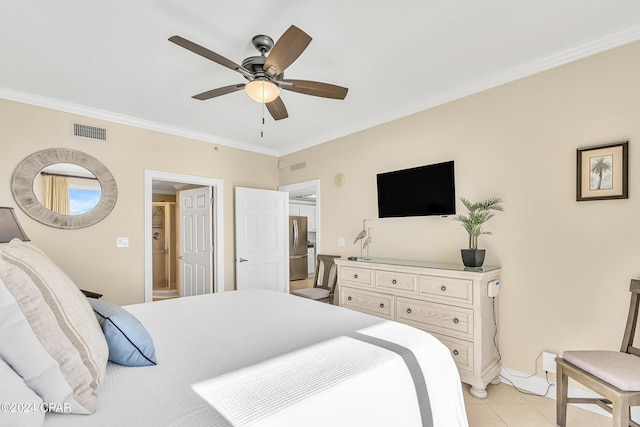 15817 Front Beach Rd Unit 1-1505, Panama City Beach, FL 32413 - bedroom featuring freestanding refrigerator, crown molding, visible vents, and light tile patterned floors