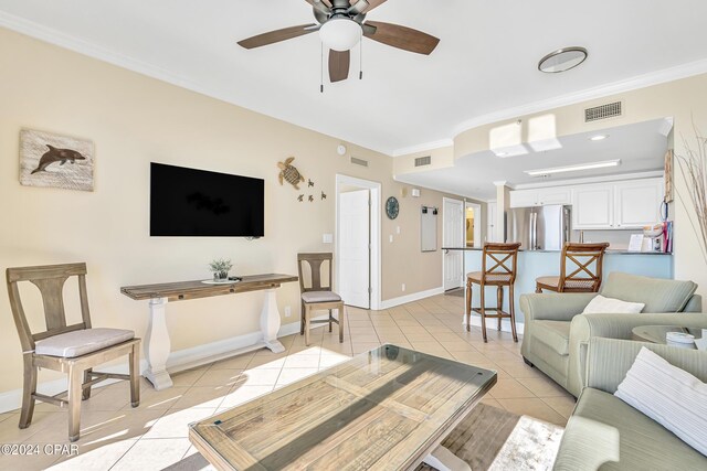 15817 Front Beach Rd Unit 1-1505, Panama City Beach, FL 32413 - living room featuring crown molding, ceiling fan, light tile patterned flooring, and visible vents