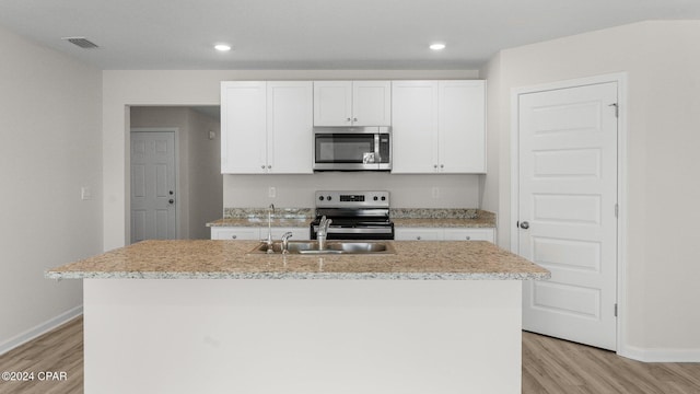 kitchen with white cabinetry, an island with sink, and appliances with stainless steel finishes