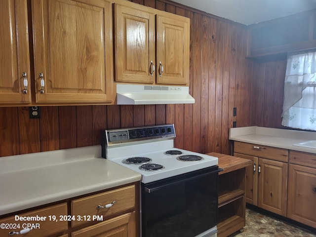 kitchen with sink, white electric stove, and wooden walls