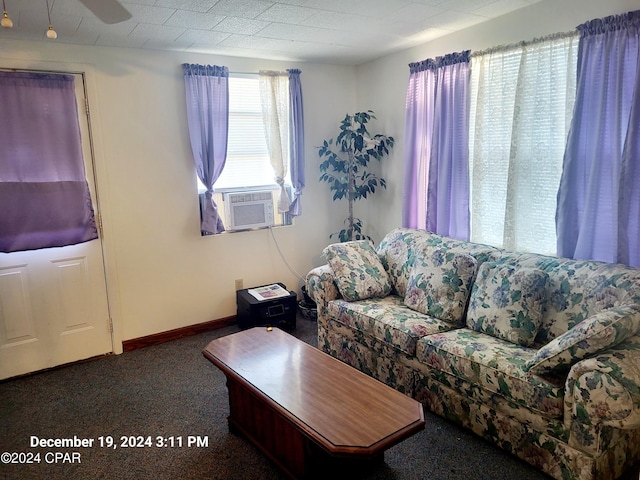 carpeted living room with cooling unit