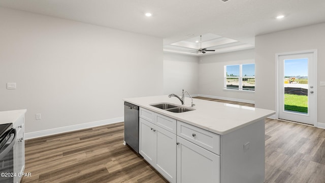 kitchen with stainless steel dishwasher, a tray ceiling, sink, a center island with sink, and white cabinetry