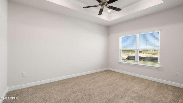 unfurnished room with a tray ceiling, ceiling fan, crown molding, and carpet floors