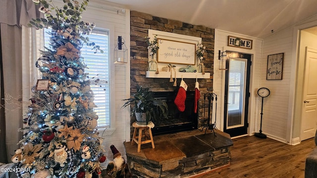 interior space with lofted ceiling, a healthy amount of sunlight, a stone fireplace, and wood-type flooring