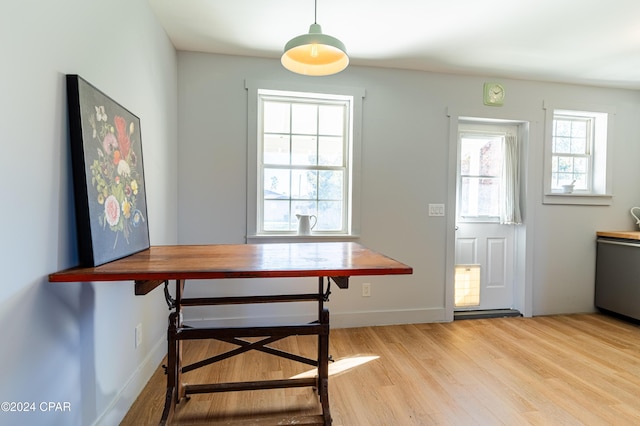 dining space with light wood-style floors, baseboards, and a wealth of natural light