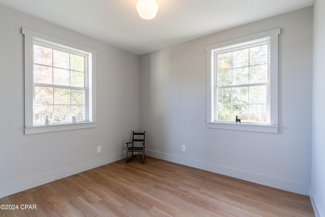 spare room featuring light wood-style floors, plenty of natural light, and baseboards