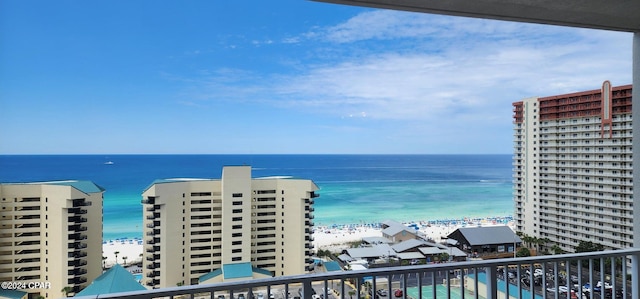 view of water feature with a beach view