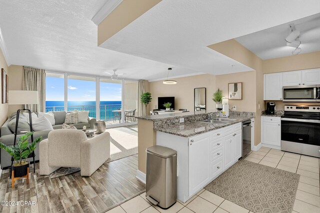 kitchen with light stone countertops, white cabinets, stainless steel appliances, sink, and ceiling fan