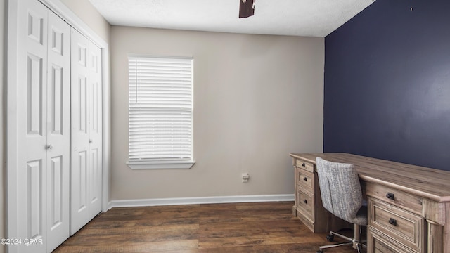 office featuring ceiling fan and dark hardwood / wood-style flooring