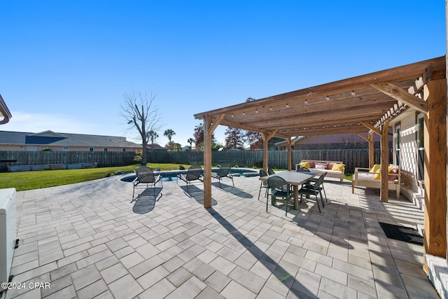 view of patio / terrace featuring an outdoor hangout area and a pergola