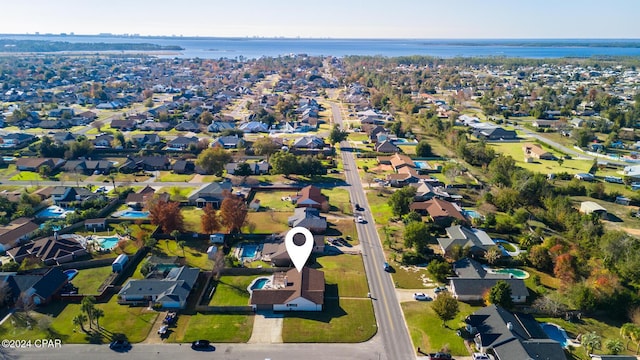 drone / aerial view featuring a water view