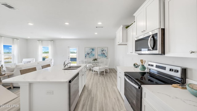 kitchen featuring a sink, stainless steel appliances, visible vents, and white cabinetry