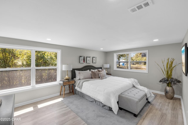 bedroom featuring visible vents, recessed lighting, light wood-type flooring, and baseboards