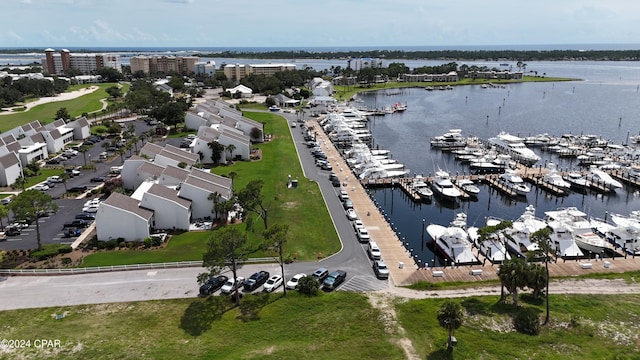 drone / aerial view featuring a water view