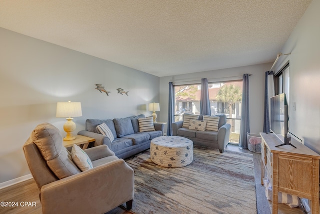 living room featuring hardwood / wood-style flooring and a textured ceiling