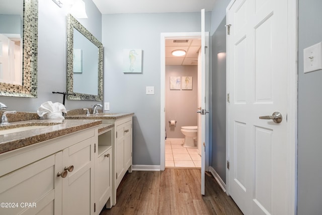 bathroom with vanity, toilet, and wood-type flooring