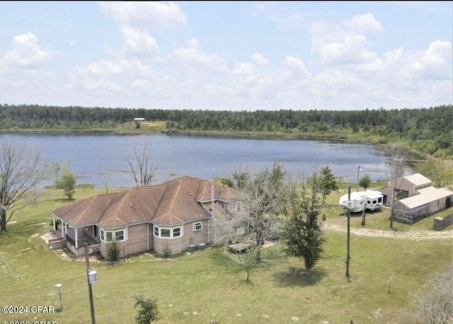 drone / aerial view featuring a water view