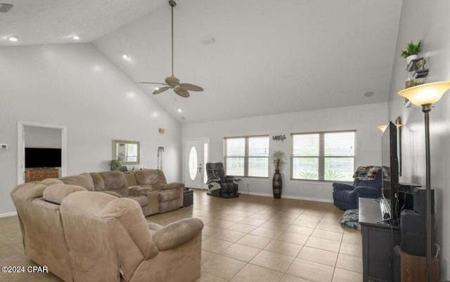 living room with high vaulted ceiling, ceiling fan, and light tile patterned flooring