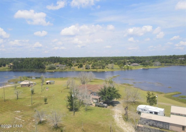 bird's eye view with a water view