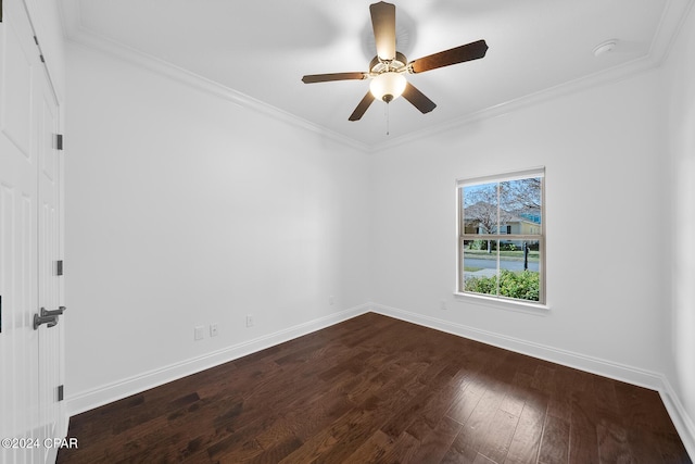 unfurnished room featuring crown molding, ceiling fan, and wood-type flooring