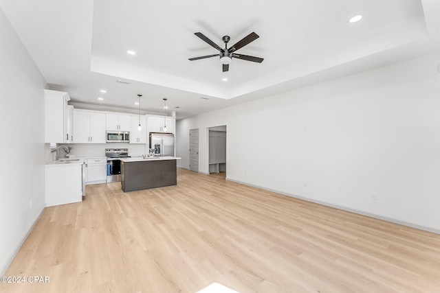 kitchen with a raised ceiling, a ceiling fan, light wood-type flooring, and appliances with stainless steel finishes