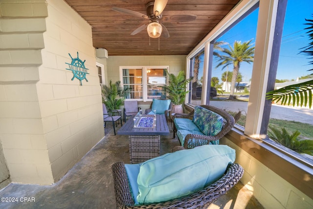 sunroom featuring ceiling fan and wood ceiling