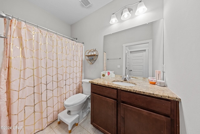 bathroom featuring tile patterned flooring, vanity, toilet, and a shower with shower curtain