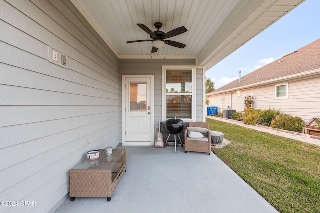 view of patio featuring ceiling fan and central air condition unit