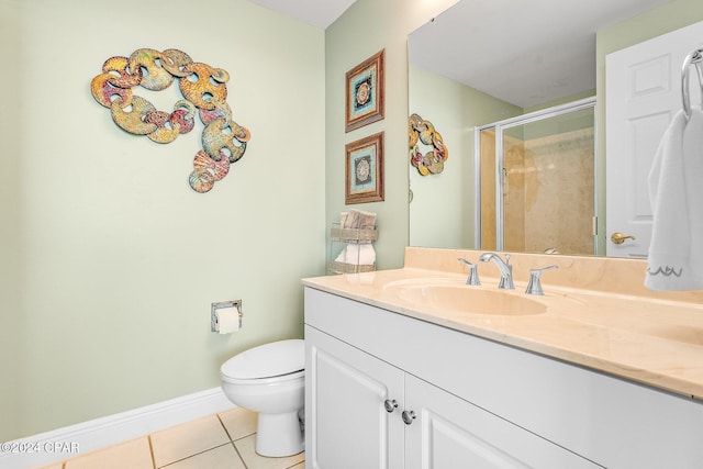 bathroom with tile patterned flooring, vanity, a shower with door, and toilet