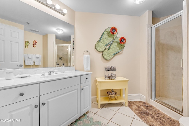 bathroom with tile patterned flooring, vanity, and a shower with door