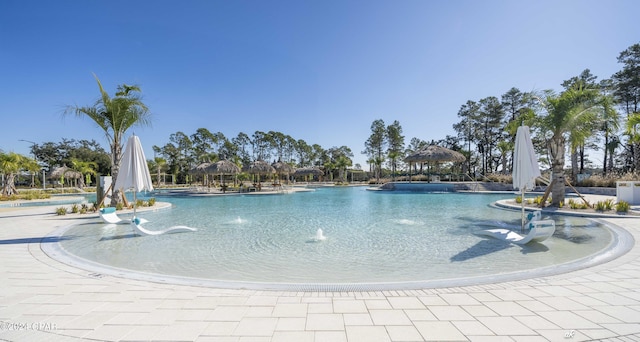 view of pool with pool water feature