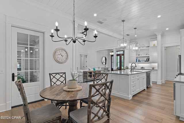 dining room with crown molding, sink, wooden ceiling, and light hardwood / wood-style floors