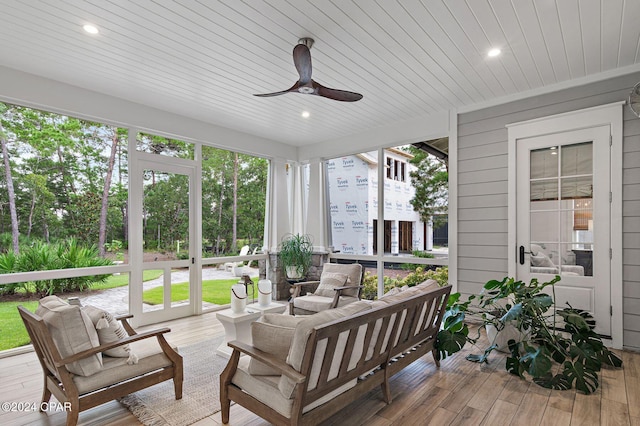 sunroom featuring ceiling fan and wooden ceiling